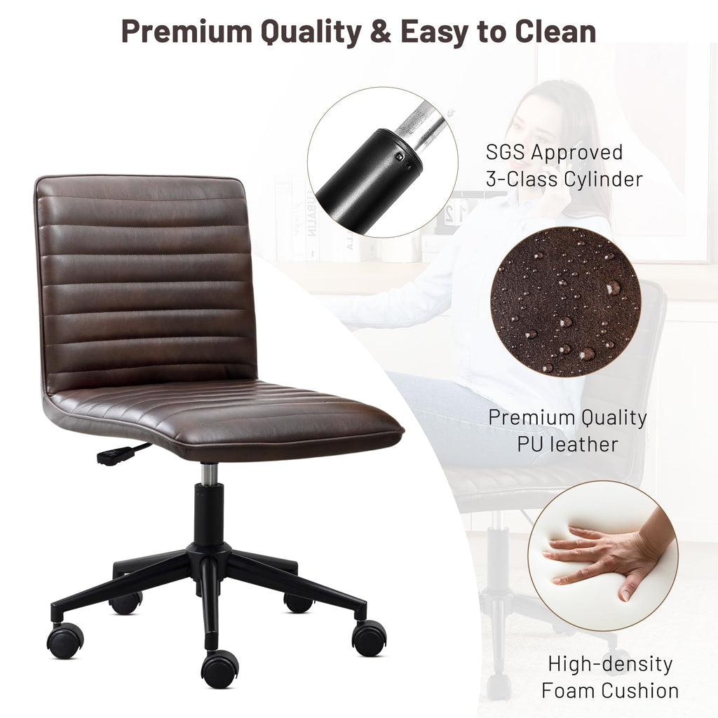 PU Leather Office Desk Chair, Armless Vanity Chair with Wheels 360° Swivel Mid Back Height Adjustable, Computer Rolling Chairs with Gold Metal Base Stool, Black Brown