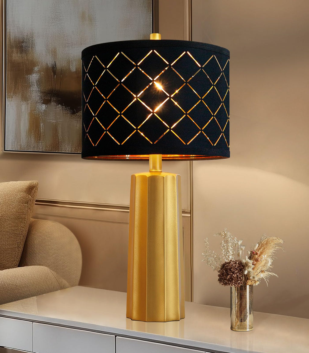 24" Modern Table Lamp for Living Room Bedroom Black Grid Shade