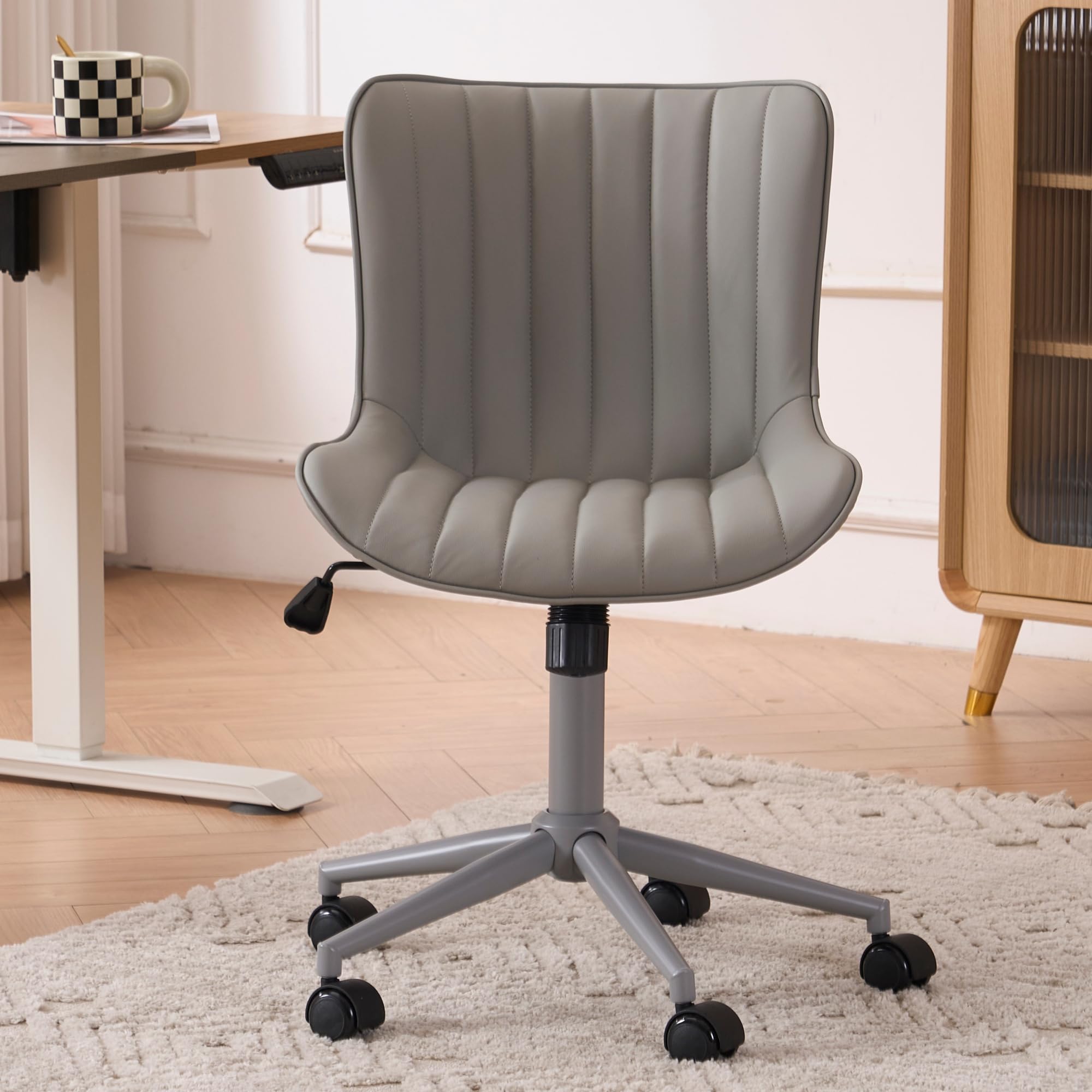 Home Office Desk Chair with Wheels Armless Vanity Chair with Back Comfy Modern Leather Upholstered Rolling Task Chair Swivel Small Cute Sewing Chair No Arms Wide Adjustable Ergonomic Grey