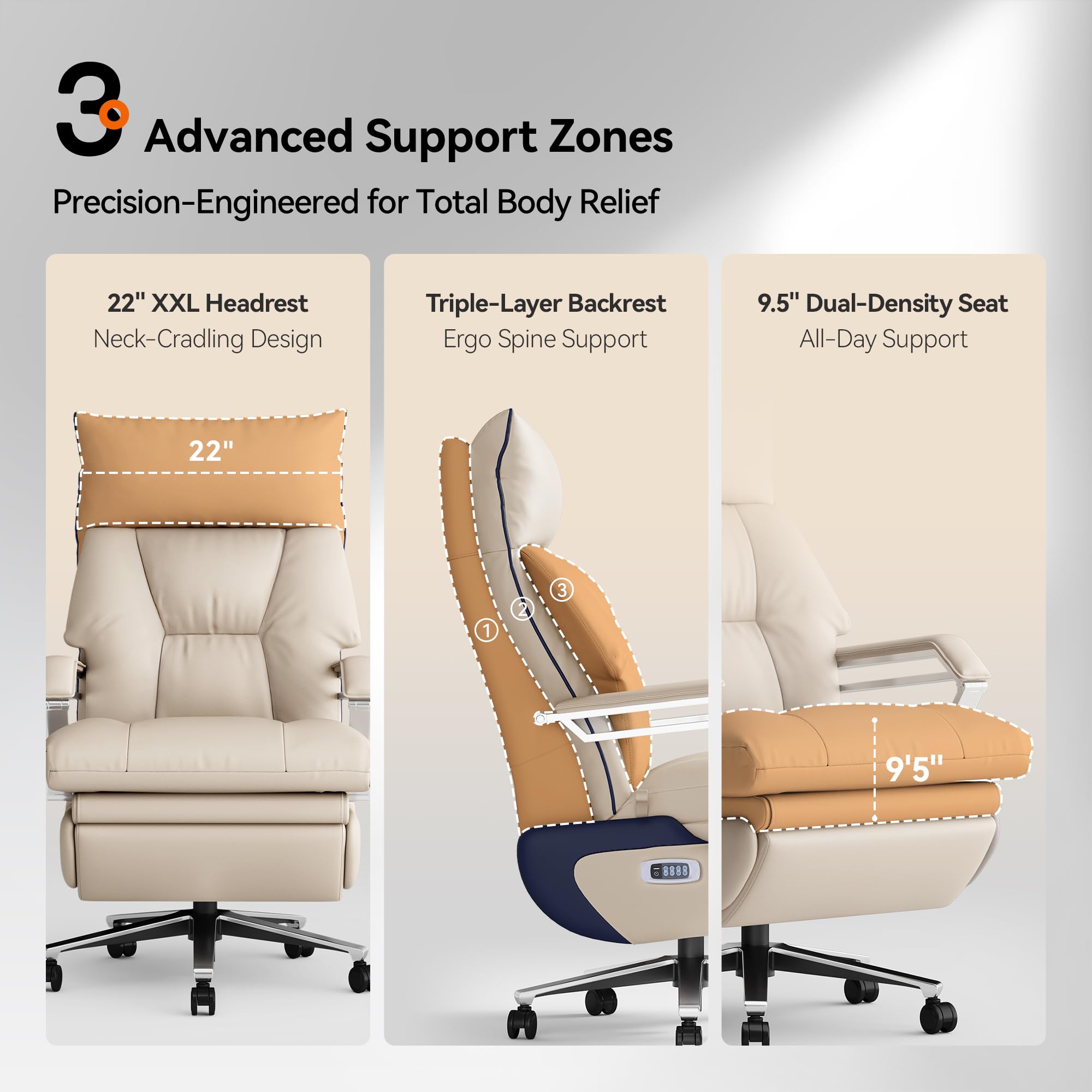 Dual Motor Electric Executive Office Chair with Heat Massage Ventilation, Comfortable Reclining Office Chair Wide Seat, Ergonomic Leather Home Office Desk Chair (Beige,Multi-Functionality)