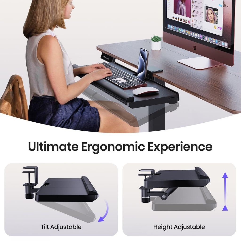 Upgraded Adjustable Keyboard Tray for Above Desk & Under Desk Use - Ergonomic Sit-Stand Keyboard Riser with 360° Rotation, 24.4"×10" Keyboard Stand with Wrist Rest & Storage Drawer - Black