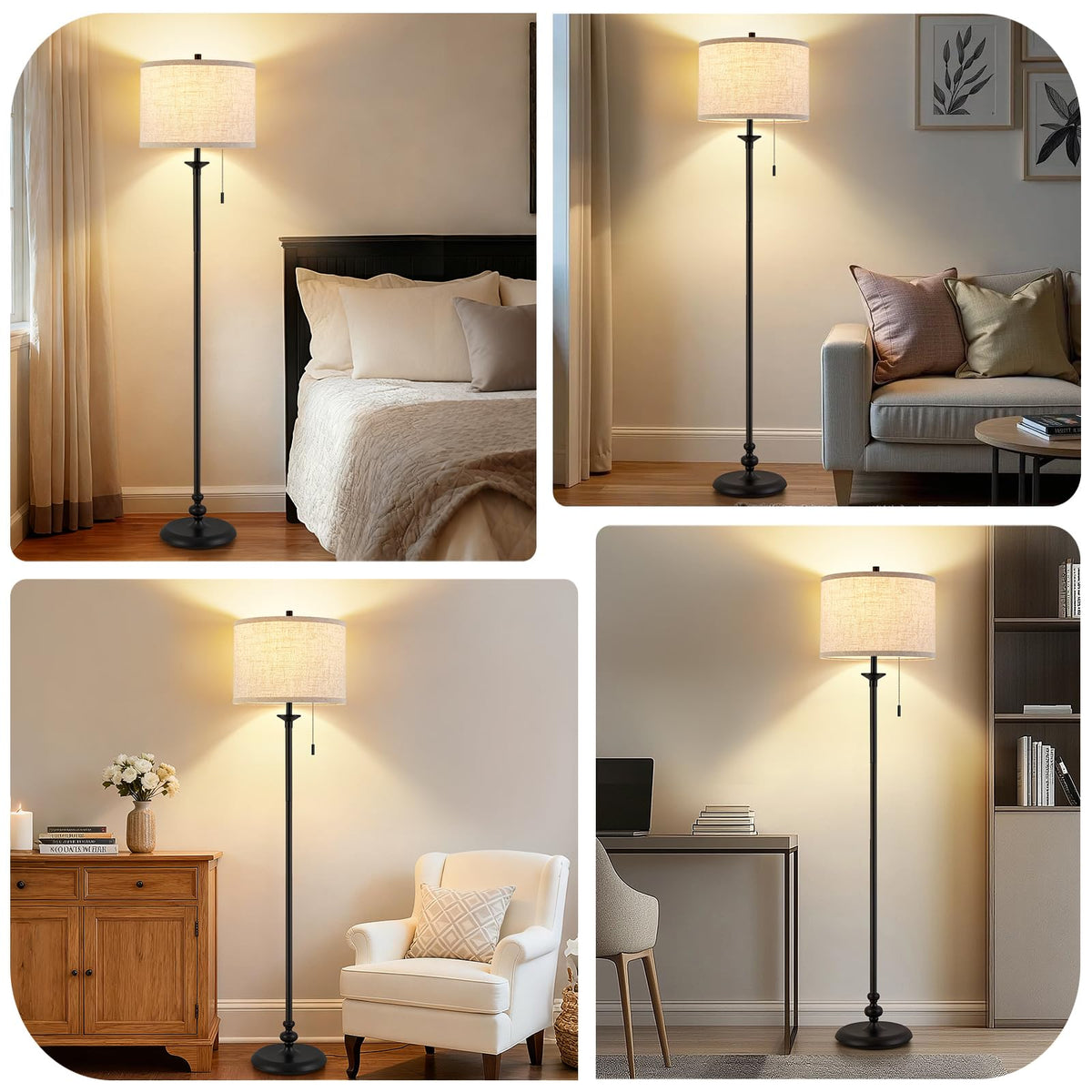 Black Floor Lamp, 60" Standing Lamp with Fabric Lampshade