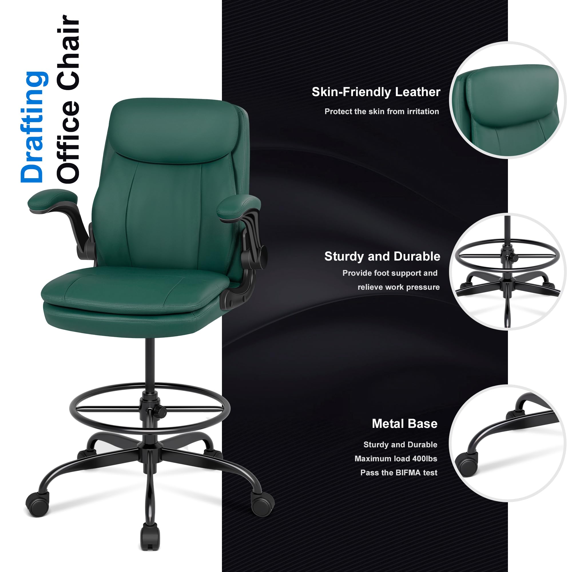 Drafting Chair, Tall Office Chair for Standing Desk, High Leather Executive Office Chair with Adjustable Height and Flip-up Armrest for Counter Height Desk Green