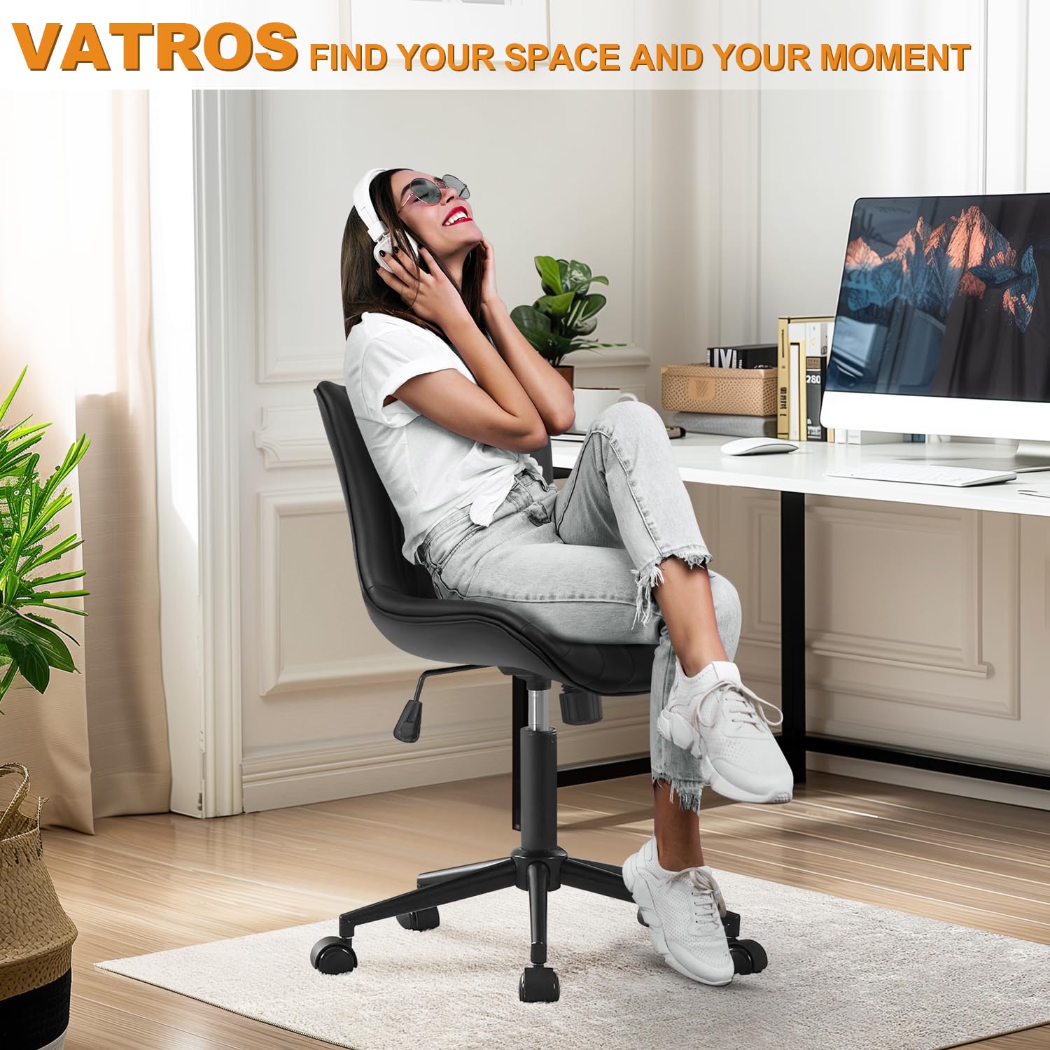 Armless Office Chair, Height Adjustable Desk Chair with Wheels, Ergonomic Comfy 360° Swivel Home Office Computer Task Chair, Faux Leather Padded Cute Vanity Chair,Black