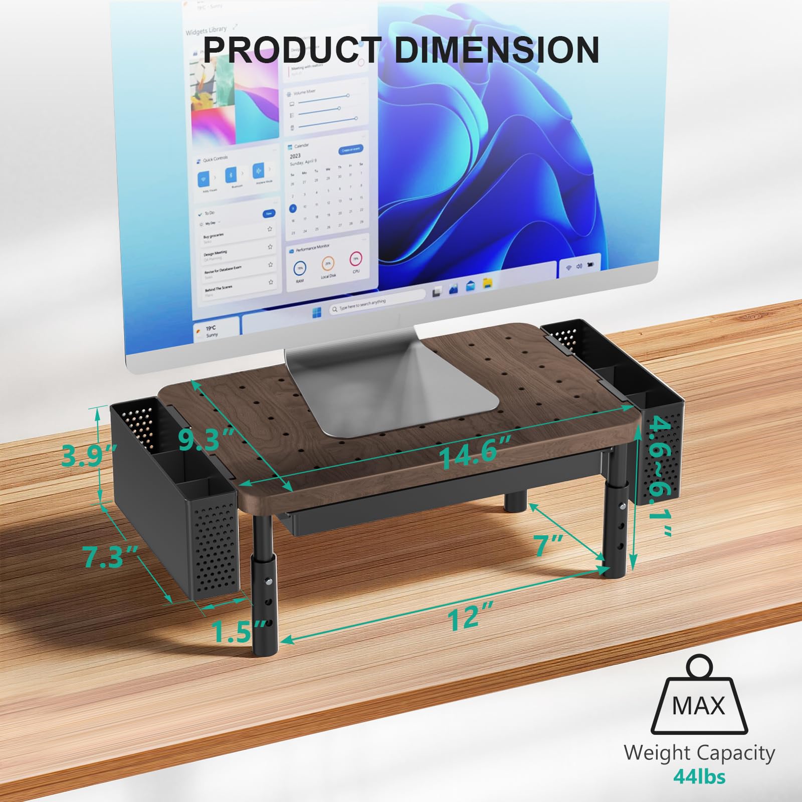 Plastic Computer Monitor Stand with Storage, Desk Organizer with Drawer and Pen Holder, Desk Monitor Riser 3 Height Adjustable, Laptop Riser for Computer, Laptop, Printer(PTT003-C), 1 Pack, Brown