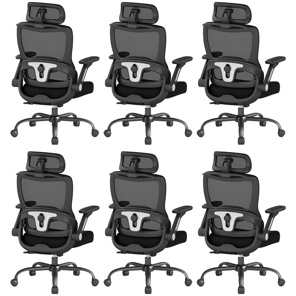 Ergonomic Office Chair, Home Computer Chair with 3D Adjustable Headrest and 4D Flip-Up Armrests, Adjustable Lumbar Support, Suitable for Office and Study, 6PC, Black