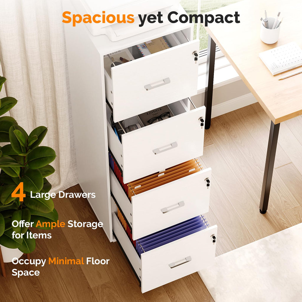 4 Drawer File Cabinet with Lock, Home Office Filing Organizer, for Letter Size File Folder Storage, Wood Tall Vertical Filing Cabinet, Printer Stand, Archivador (White)