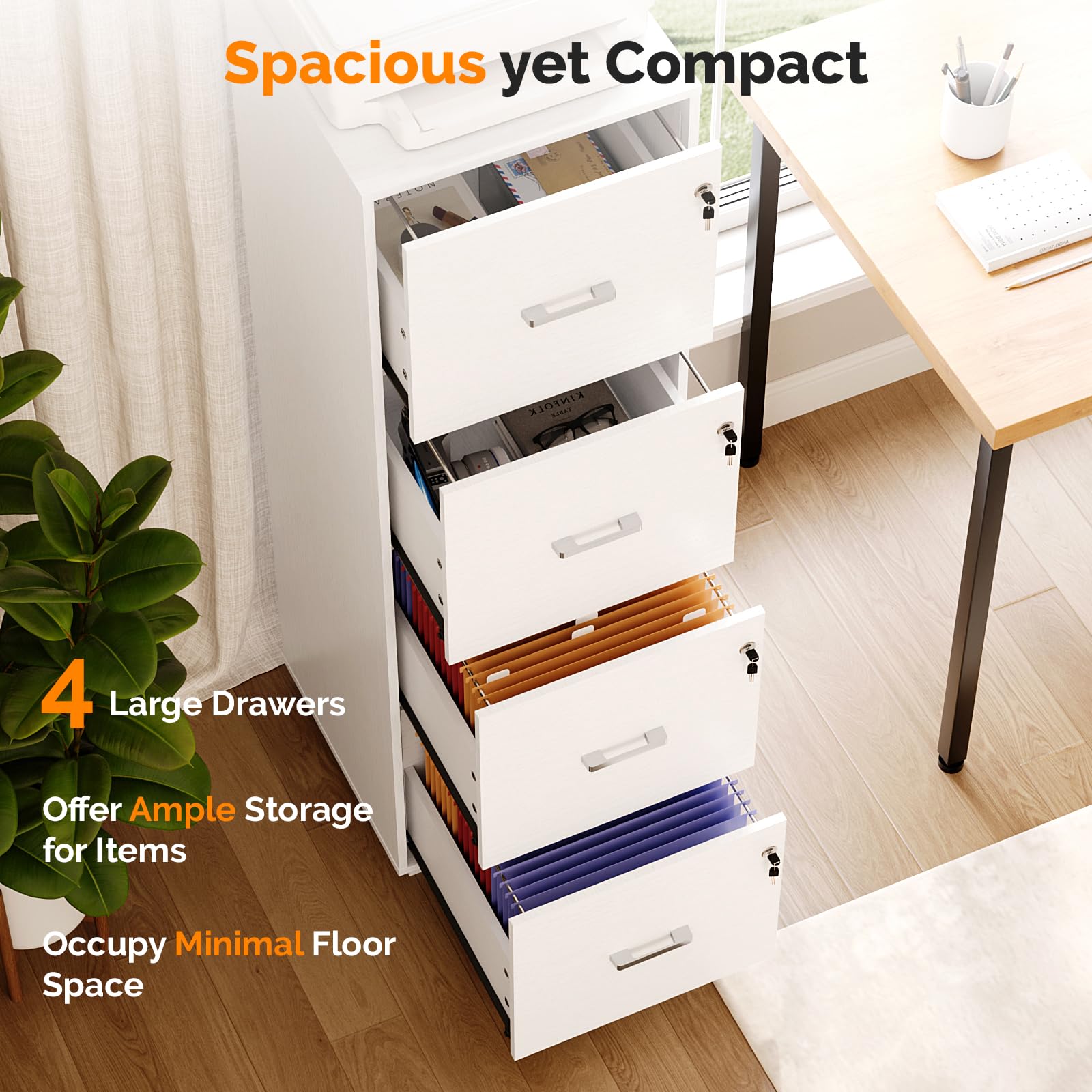 4 Drawer File Cabinet with Lock, Home Office Filing Organizer, for Letter Size File Folder Storage, Wood Tall Vertical Filing Cabinet, Printer Stand, Archivador (White)