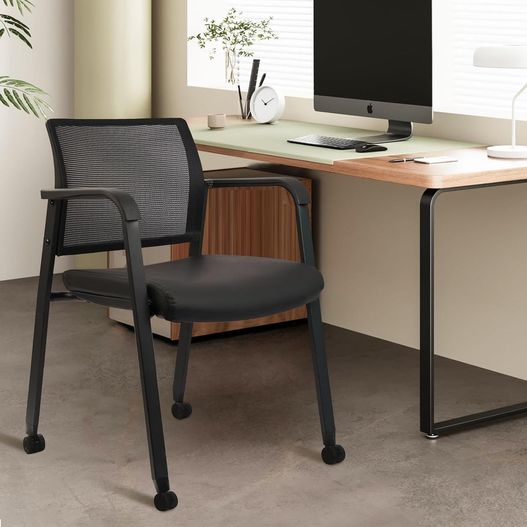 Black, 8 PK, Stacking Office Chair with Wheels, Mesh Back Waiting Room Guest Chairs with Arms Comfortable Leather Cushion Stackable Desk Chair for Conference Reception School Side Stationary,