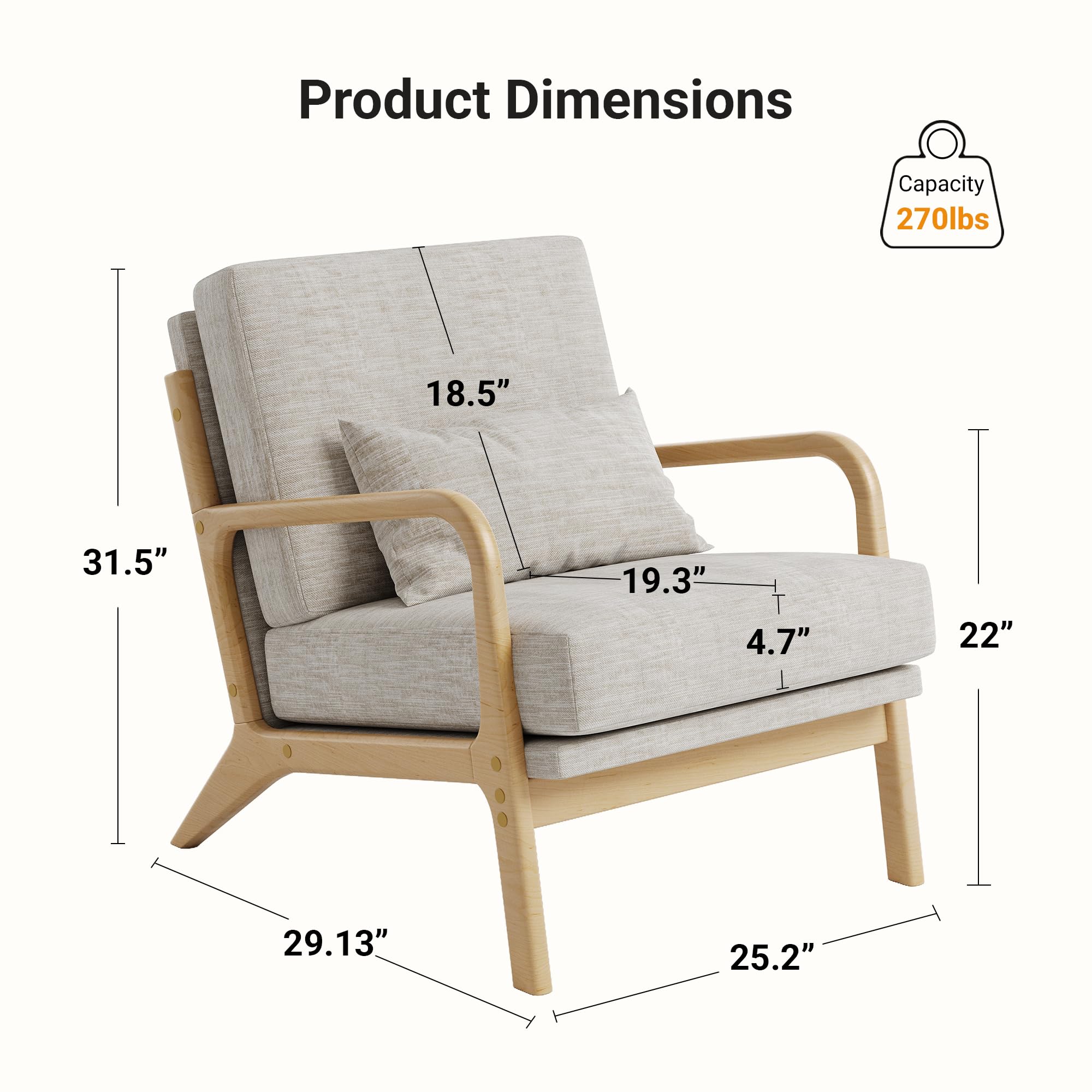 Mid-Century Modern Accent Chair, Armchair with Solid Wood Frame & Lumbar Pillow, Comfy Upholstered Lounge Chair for Office, Bedroom, Linen-Like Fabric, Light Gray