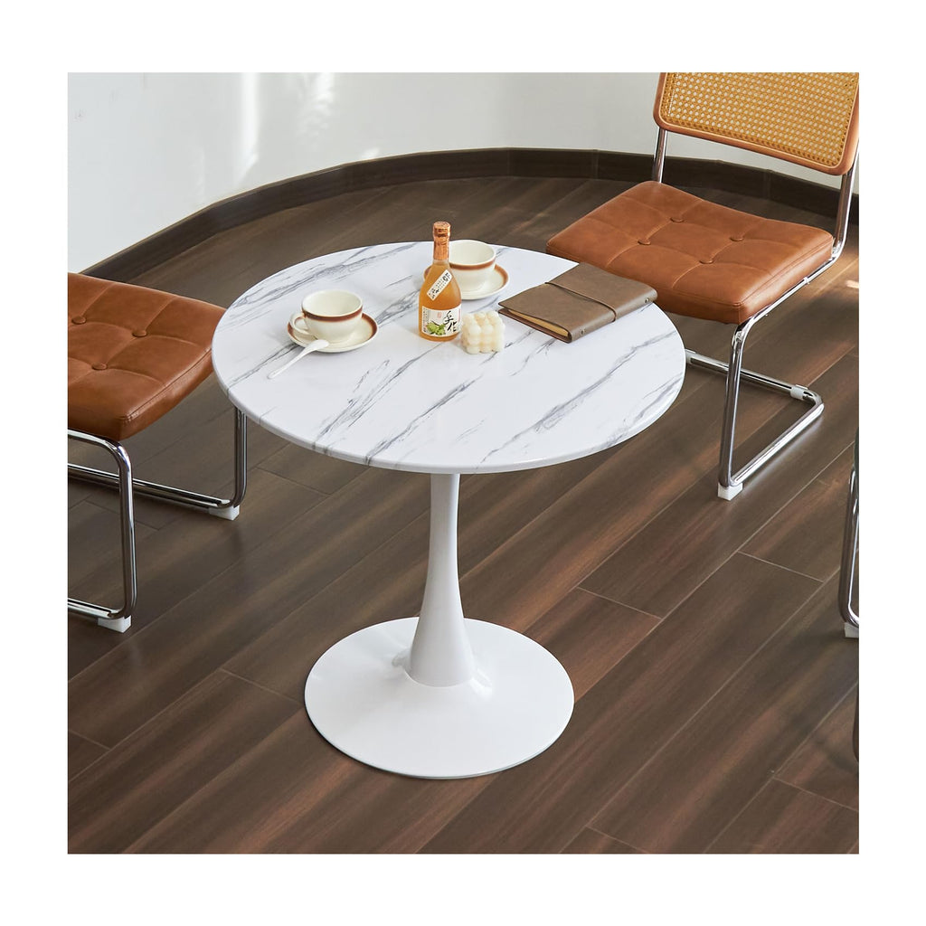 Hansweld Round Dining Table, 31.5" Circle Tulip Table with Thickened Tabletop & Metal Pedestal, Mid Century Modern Bistro Table for Kitchen, Small Places, Living Room, Cafe (Marble Pattern White)