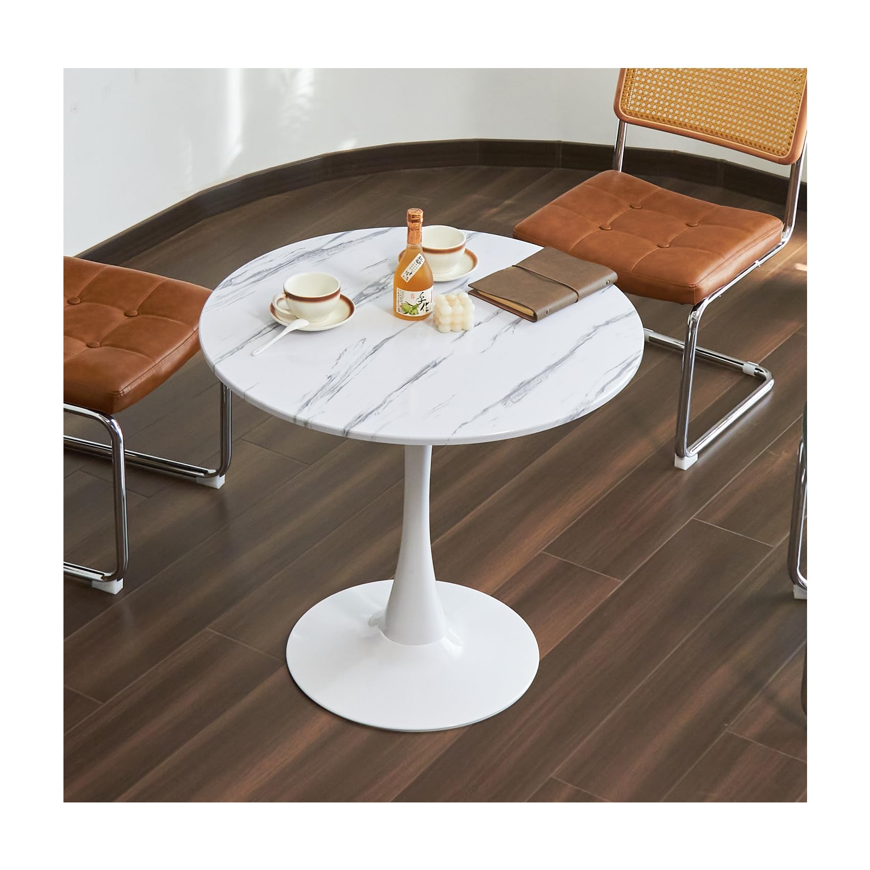 Hansweld Round Dining Table, 31.5" Circle Tulip Table with Thickened Tabletop & Metal Pedestal, Mid Century Modern Bistro Table for Kitchen, Small Places, Living Room, Cafe (Marble Pattern White)