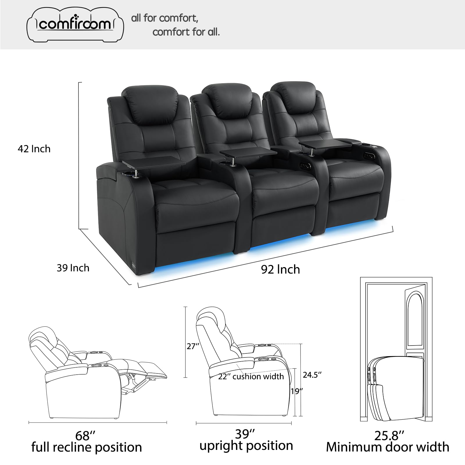 Leather Home Theater Seating, Simple Style Dual Power Electric Headrest Game Seats Leather Movie Theater Chairs Recliner Sofa with Type-C USB Charger (Black, Row of 3)