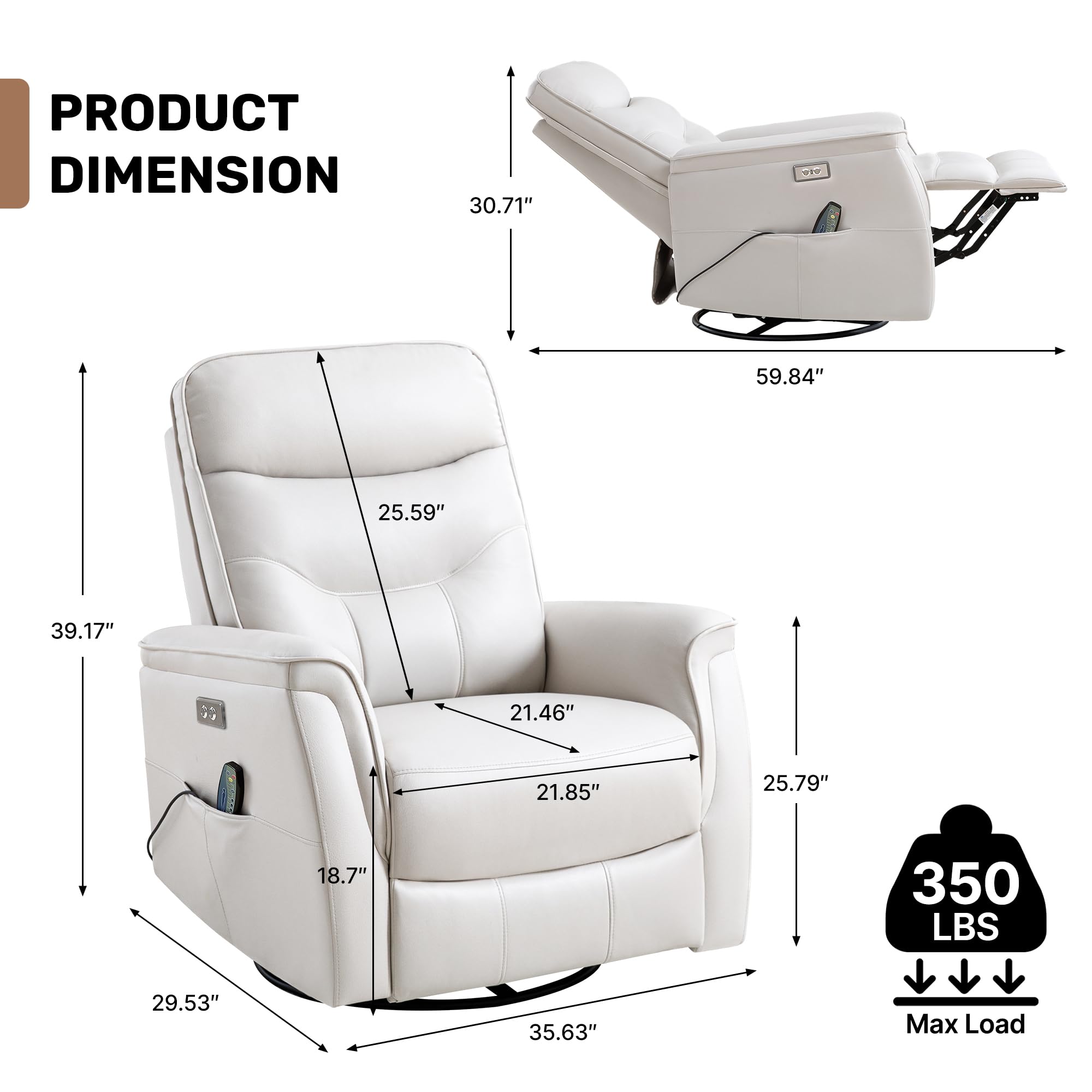 Recliner Chair for Adults, Power Faux Leather Rocker Recliner Massage and Heat, Oversized Swivel Reclining Nursery Chair with USB Ports for Living Room, Office Beige