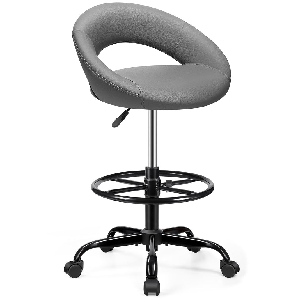 Drafting Chair for Standing Desk, Height Adjustable Rolling Stool with Backrest & Footrest, Tall 360° Swivel PU Leather Stool Chair with Wheels for Office, Gray