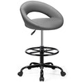 Drafting Chair for Standing Desk, Height Adjustable Rolling Stool with Backrest & Footrest, Tall 360° Swivel PU Leather Stool Chair with Wheels for Office, Gray