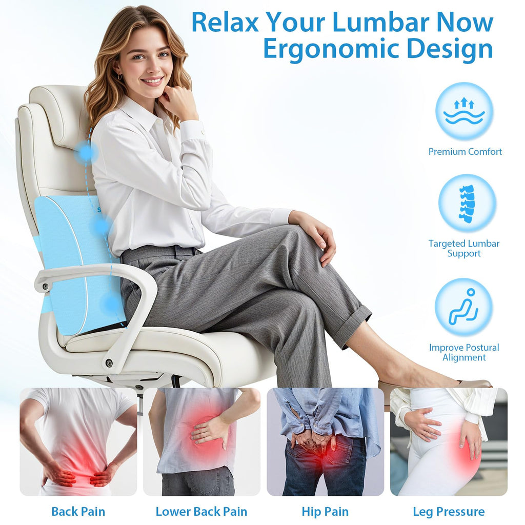 Lumbar Support Pillow for Office Chair, Car & Gaming Chair, Ergonomic Memory Foam Cushion for Back Comfort, Zoned Back Support, Double Adjustable Straps,Breathable Washable Cover,Light Blue