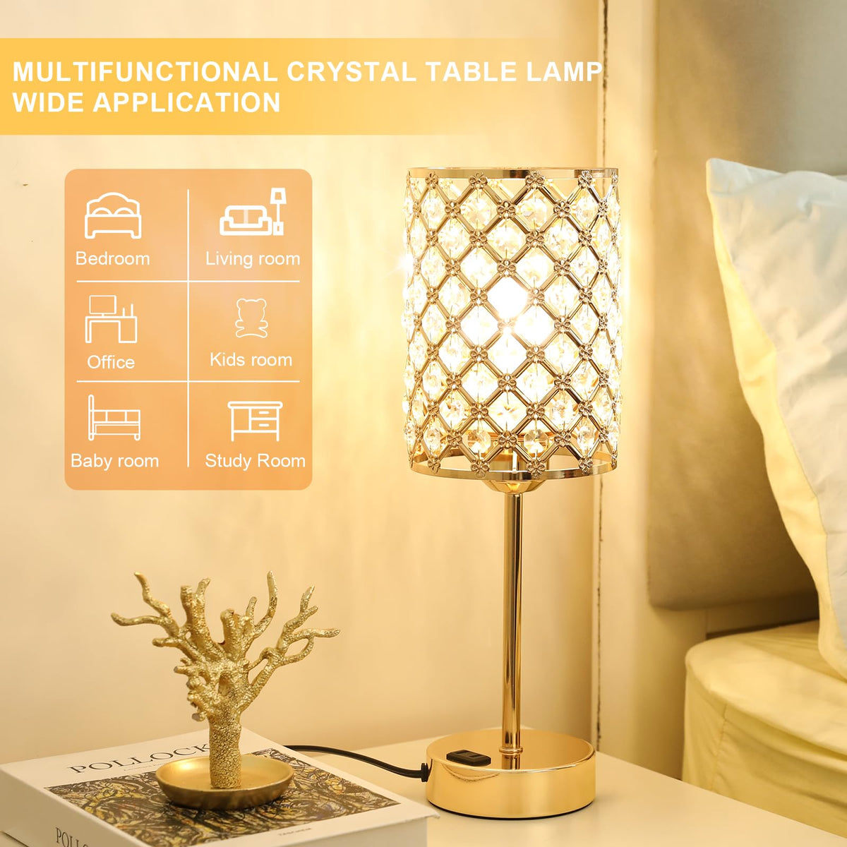 Gold Lamps for Night Stands, Crystal Table Lamp with Touch Control