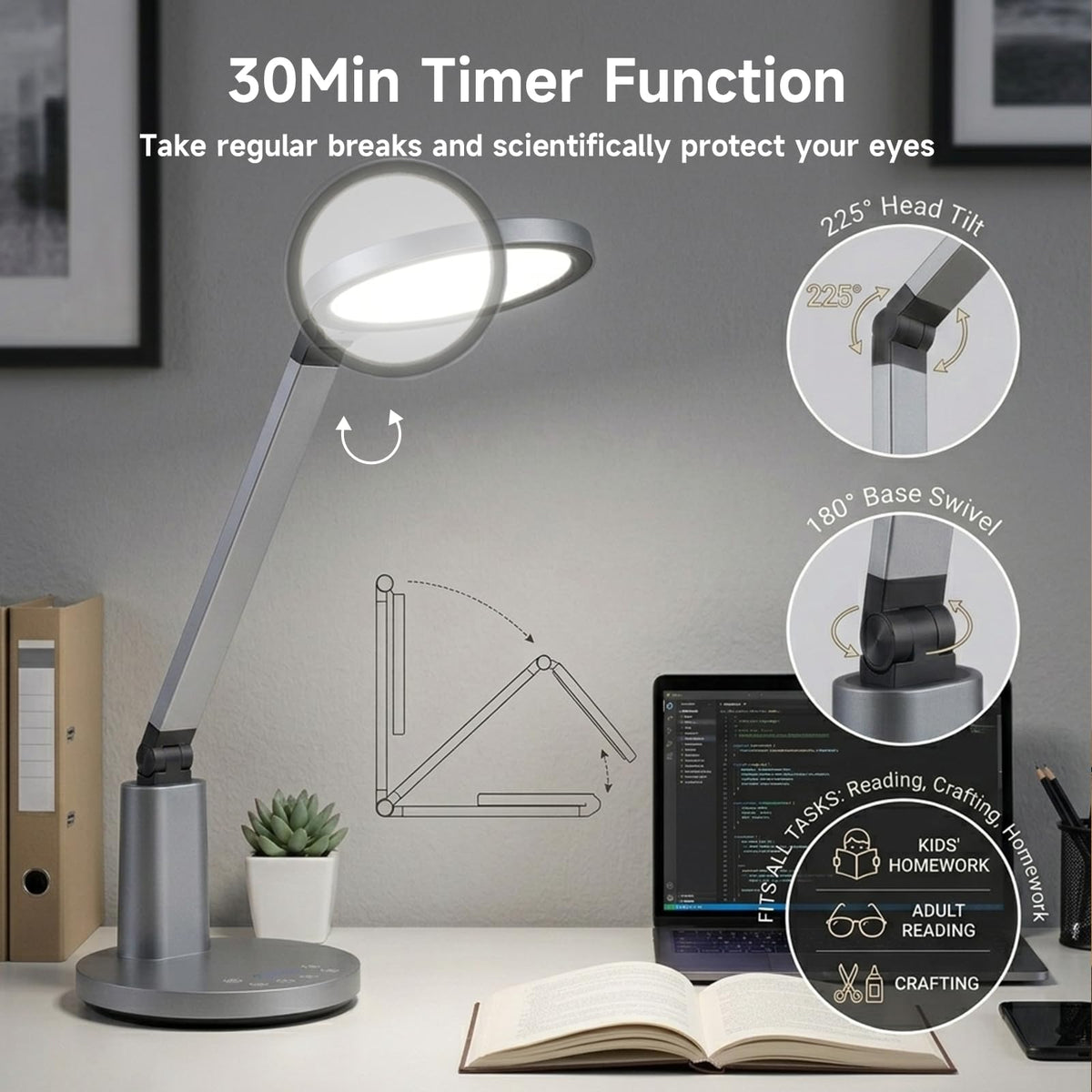 Desk Lamp for Home Office, Eye-Caring Diffused Table Lamp