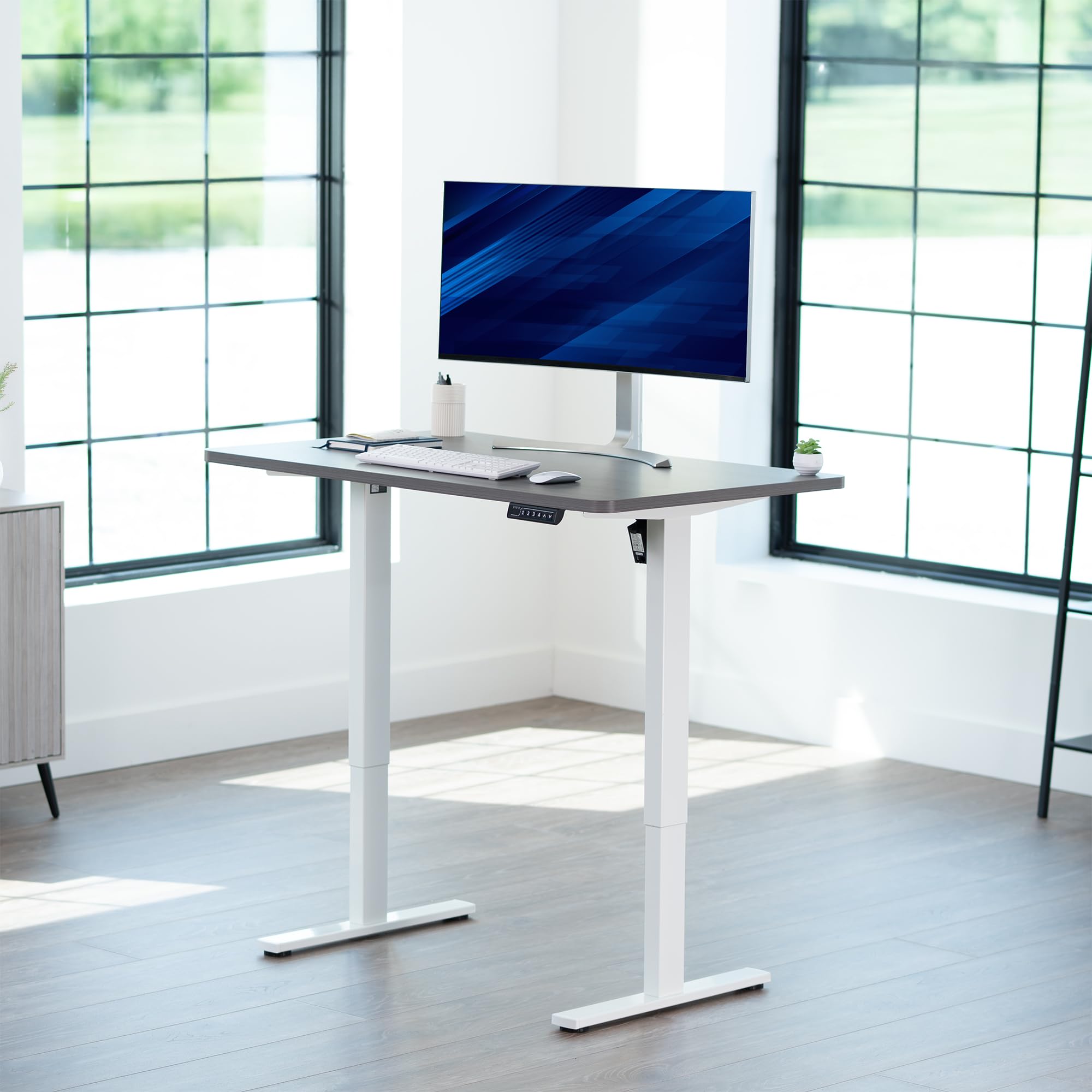 Electric 48 x 30 in Standing Desk, Memory Height Adjustment, 1B Series, Holds 220 lbs, One-Piece Dark Gray Top, White Frame