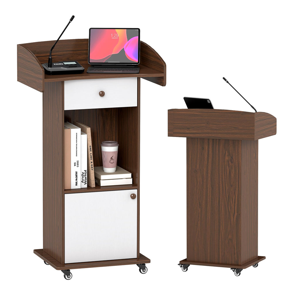 Podium Stand with Metal Wheels Wooden Lectern Podium Stand Portable Pulpit Standing with Storage Mobile Reception Podiums for Church Office School Conference Restaurant Meeting,Brown White