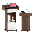 Podium Stand with Metal Wheels Wooden Lectern Podium Stand Portable Pulpit Standing with Storage Mobile Reception Podiums for Church Office School Conference Restaurant Meeting,Brown White