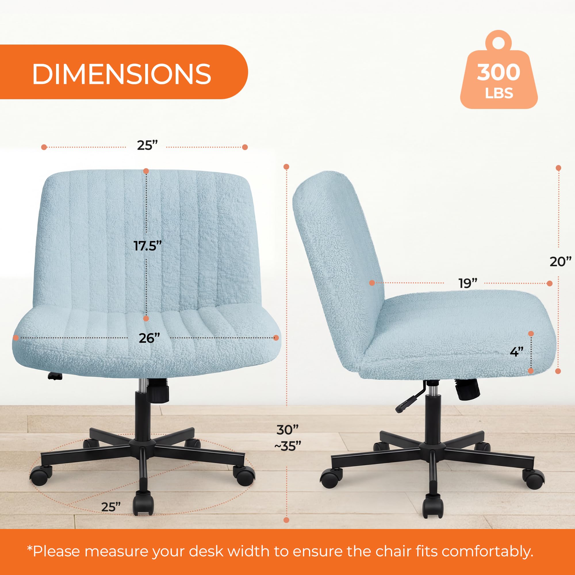 Criss Cross Chair Wheels Vanity Chair Office Desk Comfy Wide Cross Legged Armless Teddy Fabric Adjustable Swivel for Home Computer Task (Blue, Teddy Fleece)