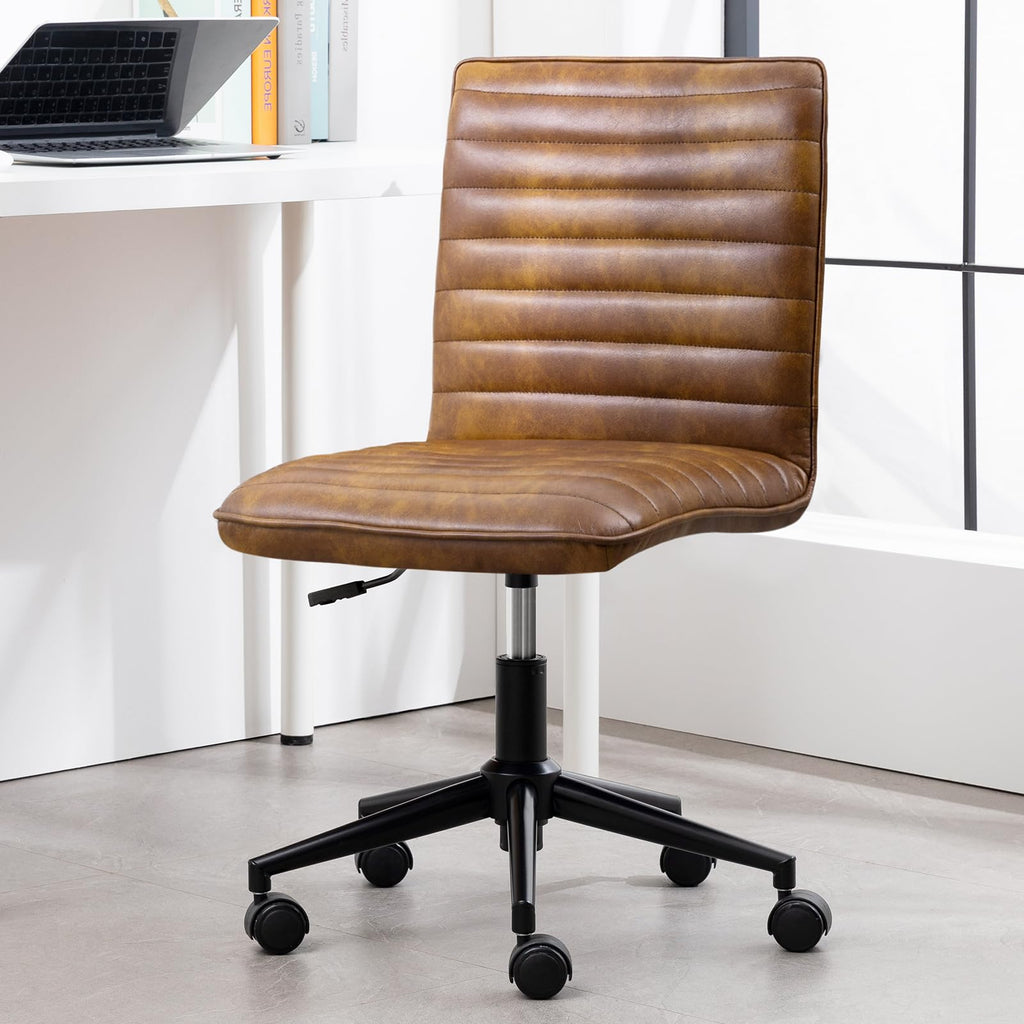 Leather Office Chair with Wheels Armless Vanity Desk Chair 360° Swivel Computer Rolling Chair with Mid Back, Height Adjustable Accent Chairs with Gold Metal Base Stool, PU YellowBrown