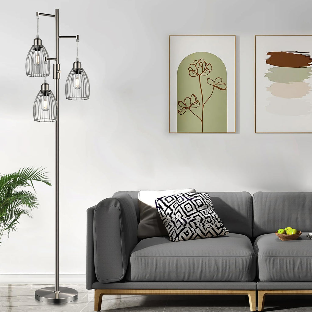 Floor Lamp, 3 x 800LM LED Edison Bulbs Included, Industrial Floor Lamp Standing Tree Lamp with Elegant Teardrop Cage Heads Tall Lamps for Living Room Bedroom-Brushed Nickel
