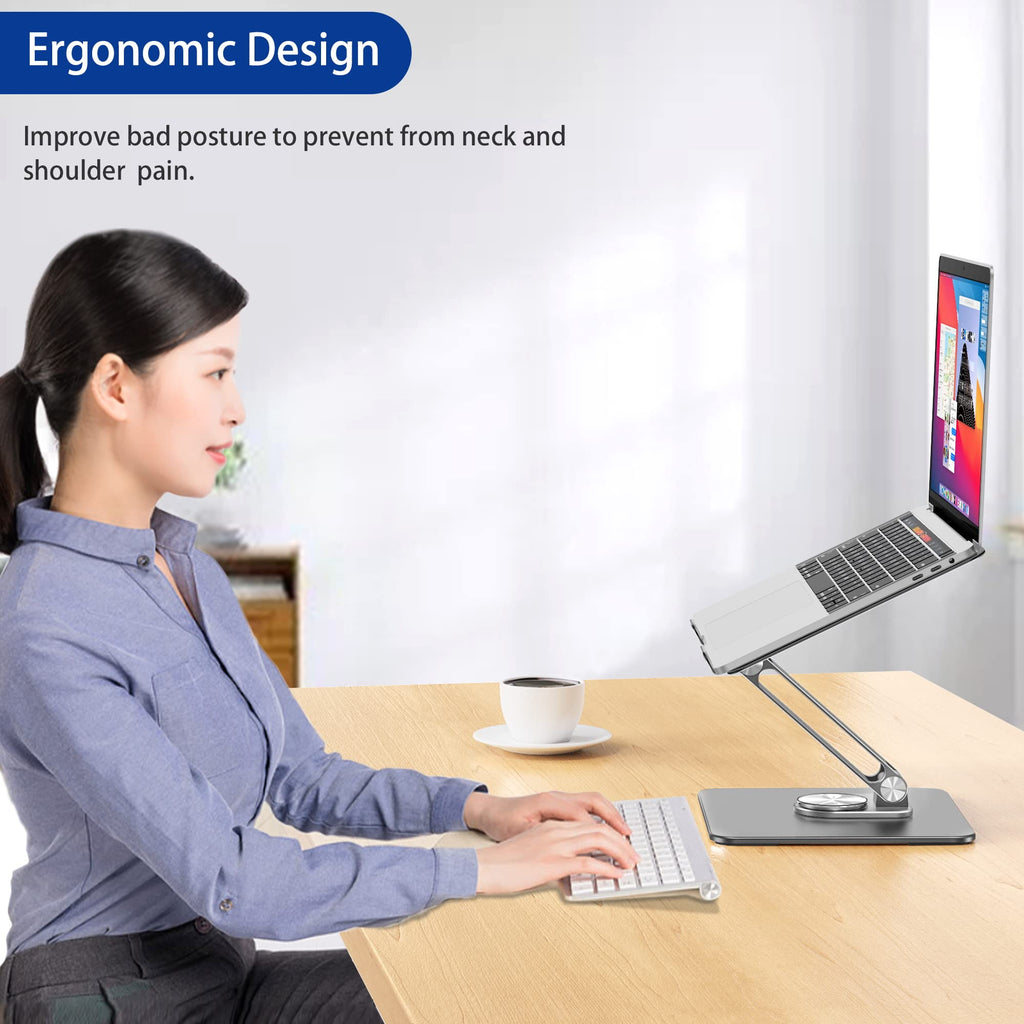 Laptop Stand with 360 Rotating Base, Ergonomic Adjustable Notebook Riser, Foldable Computer Holder Compatible with 10-15.6" Laptops (Gray)