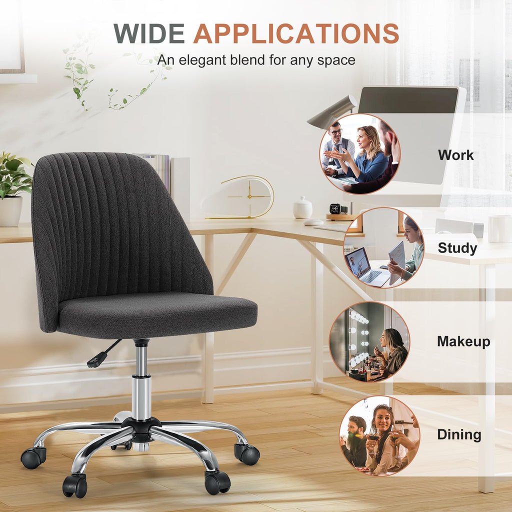 Office Chair, Comfy Desk Chair Rolling Vanity Swivel Task Chairs with Wheels, Wide Seating Armless Height Adjustable Computer Chairs for Home,Bedroom,Student,Adults, Graphite