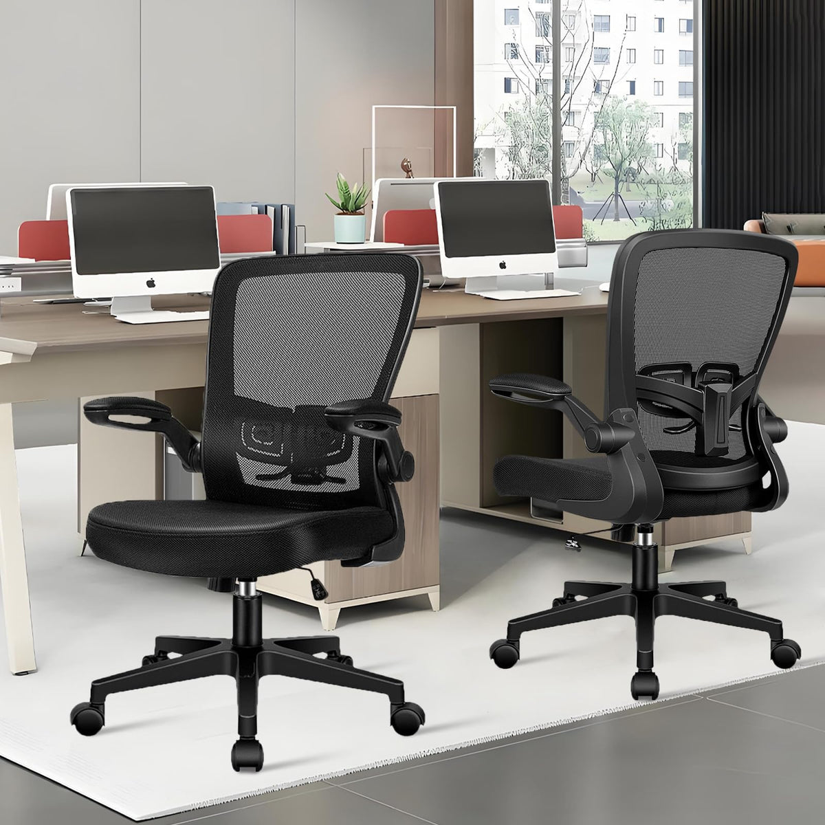 Desk Chairs with Wheels, Ergonomic Mesh Office Chair Adjustable Height and Swivel Lumbar Support Home Office Chair with Flip Up Armrests, Set of 14