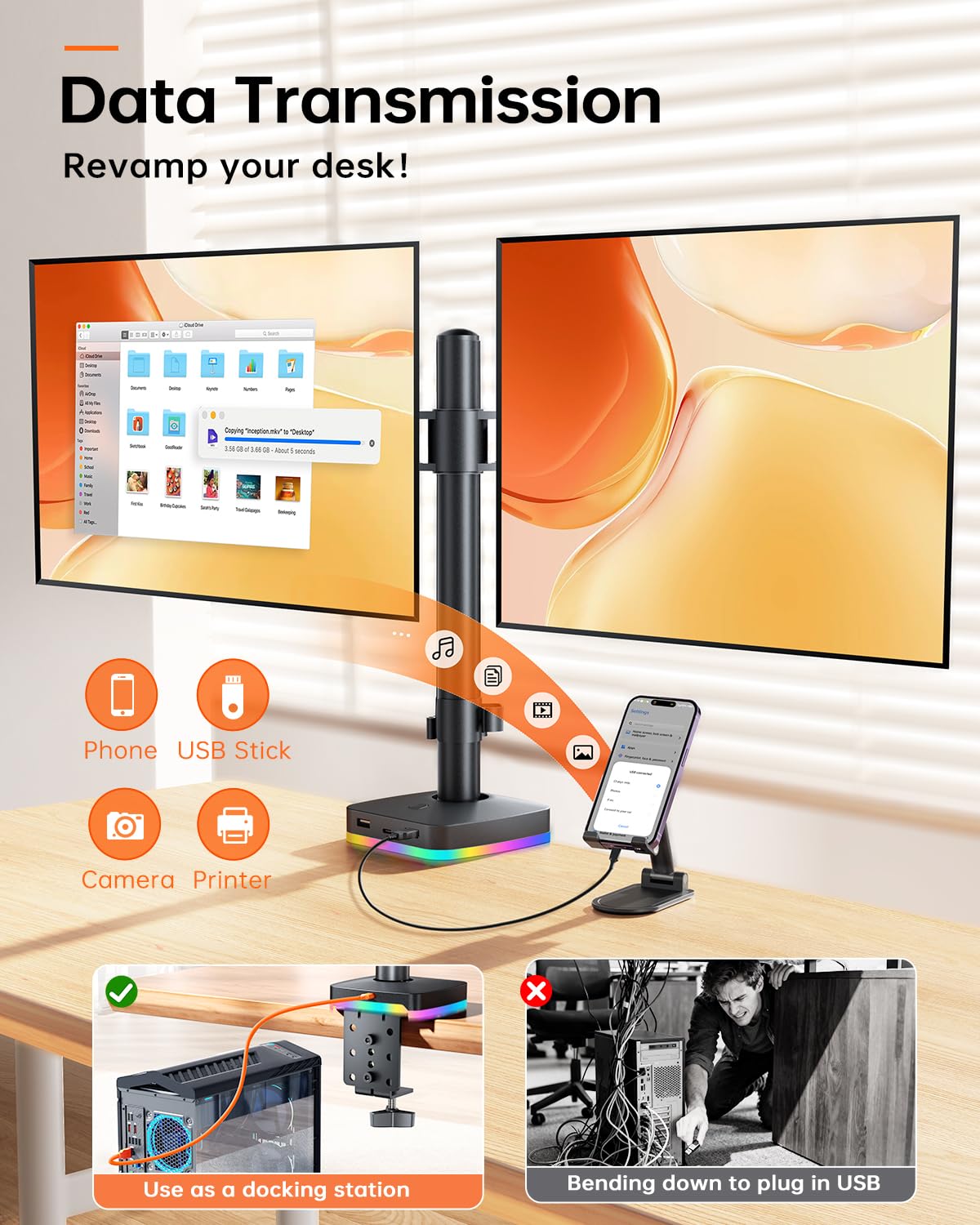 Dual Monitor Desk Mount, Monitor Stand with 3 USB Ports, Charging and USB Data Transfer Function, Adjustable Arms for 13"-27" Monitors up to 17.6lbs, VESA 75x75mm 100x100mm, Ergonomic Design