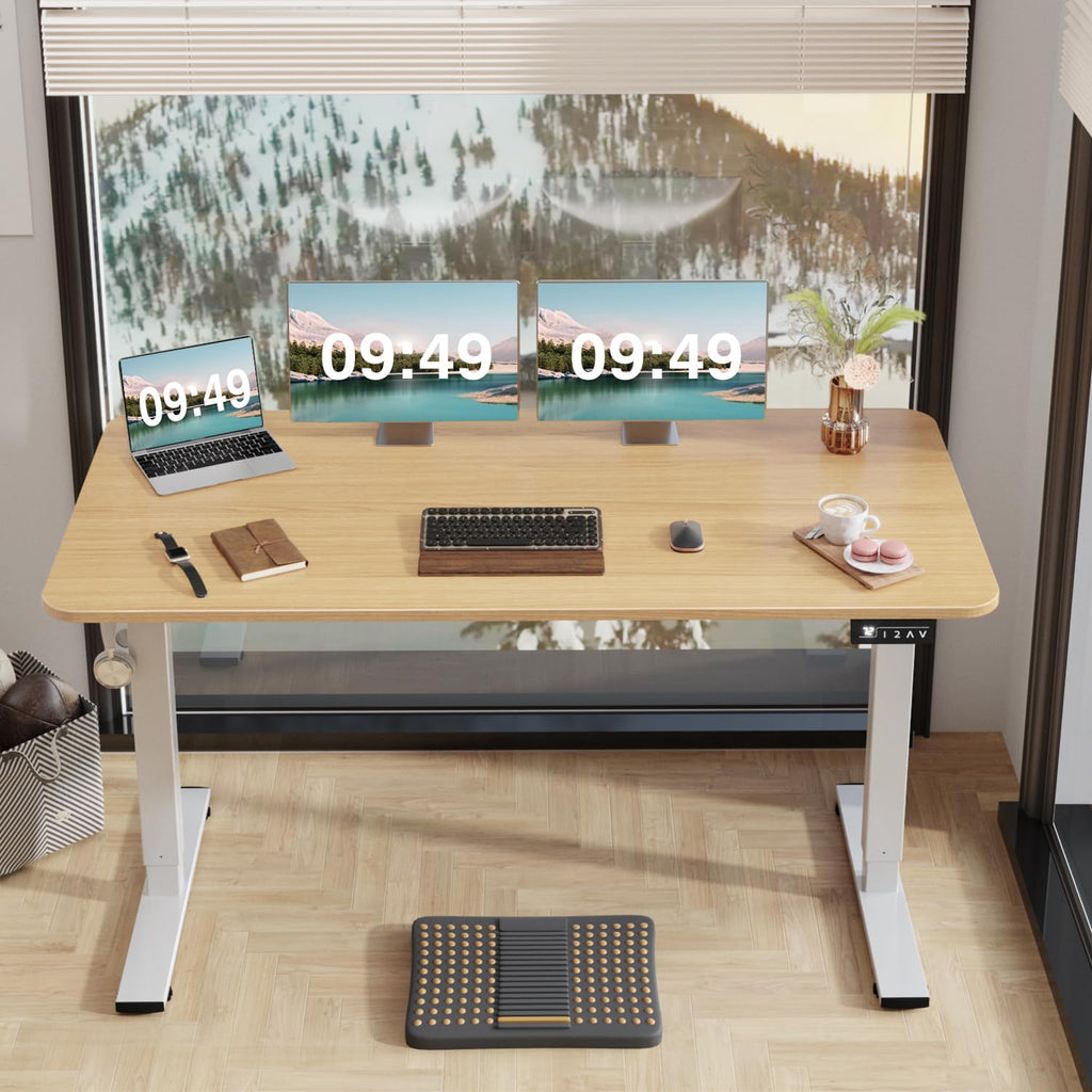 Electric Height Adjustable Standing Desk Large 55 x 24 Inches Sit Stand up Desk Home Office Computer Desk Memory Preset with T-Shaped Metal Bracket, Light Wood