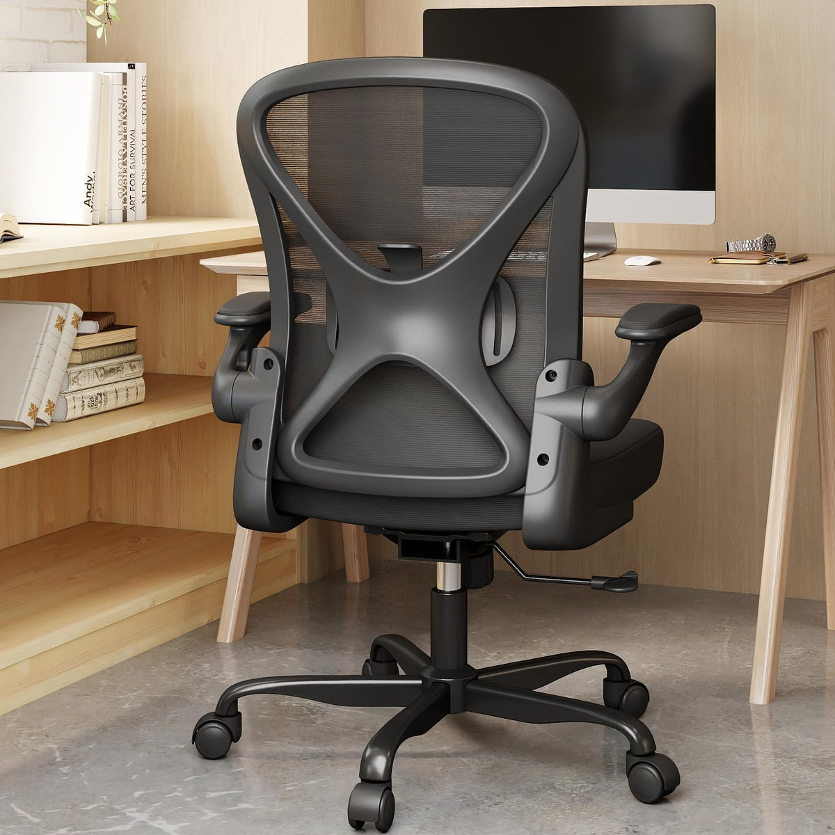 Ergonomic Office Chair, Mesh Fabric Home Office Chairs with Adjustable Lumbar Support, 360° Swivel, and Flip-Up Armrests, Black