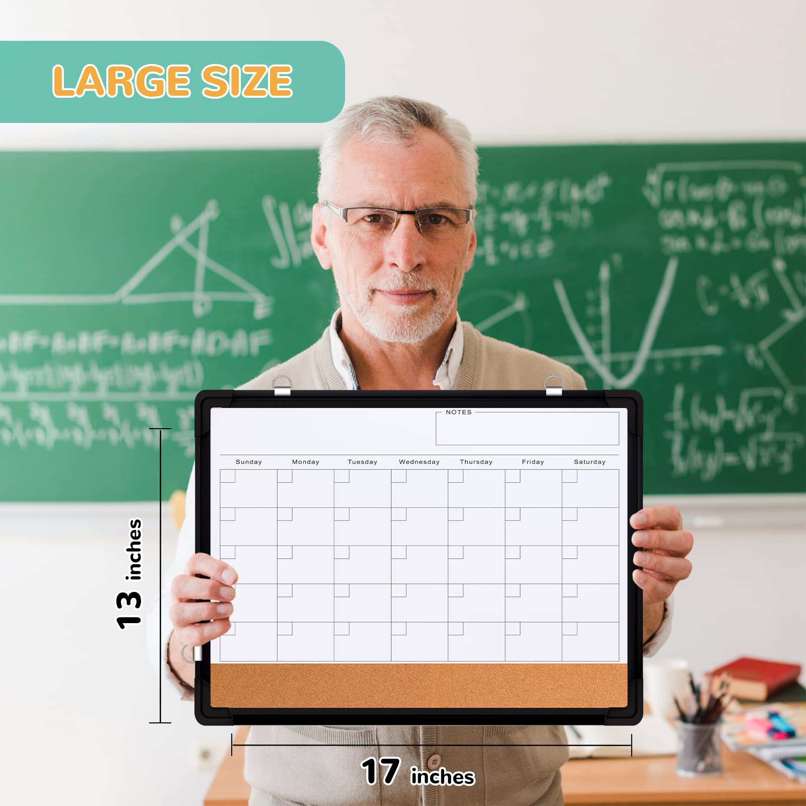Monthly Calendar Whiteboard for Wall, 17x13 Inches Dry Erase Board with Cork Board Combo, Small Magnetic White Board, Double-Sided Hanging Portable Board for Office School Home Kitchen Planner, Black