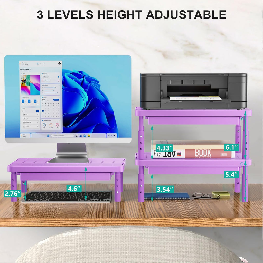 Computer Monitor Stand with Storage, Desk Monitor Riser 3 Height Adjustable, Laptop Riser with Airflow Vents, Desk Organizer for Computer, Laptop, Printer (PTT002-V), 1 Pack, Violet