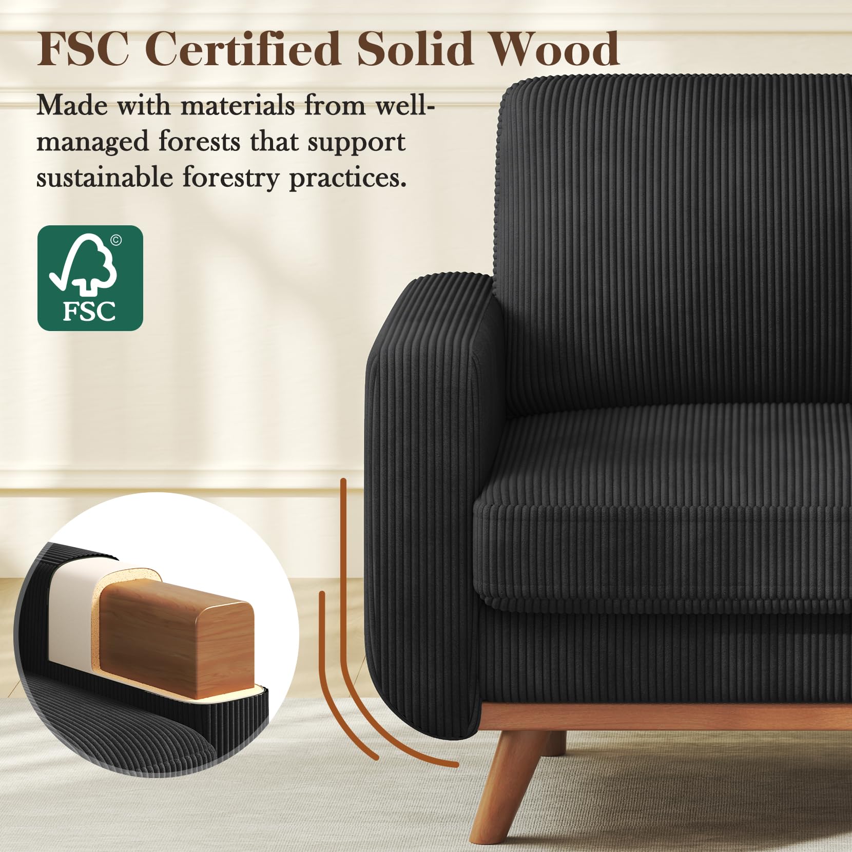 38.5" Accent Chair Black, Comfy Corduroy Single Sofa Seat with Spring Cushion, Upholstered Armchair with Deep Seat, Reading Chair for Adults, Modern Sofa for Living Room, Bedroom