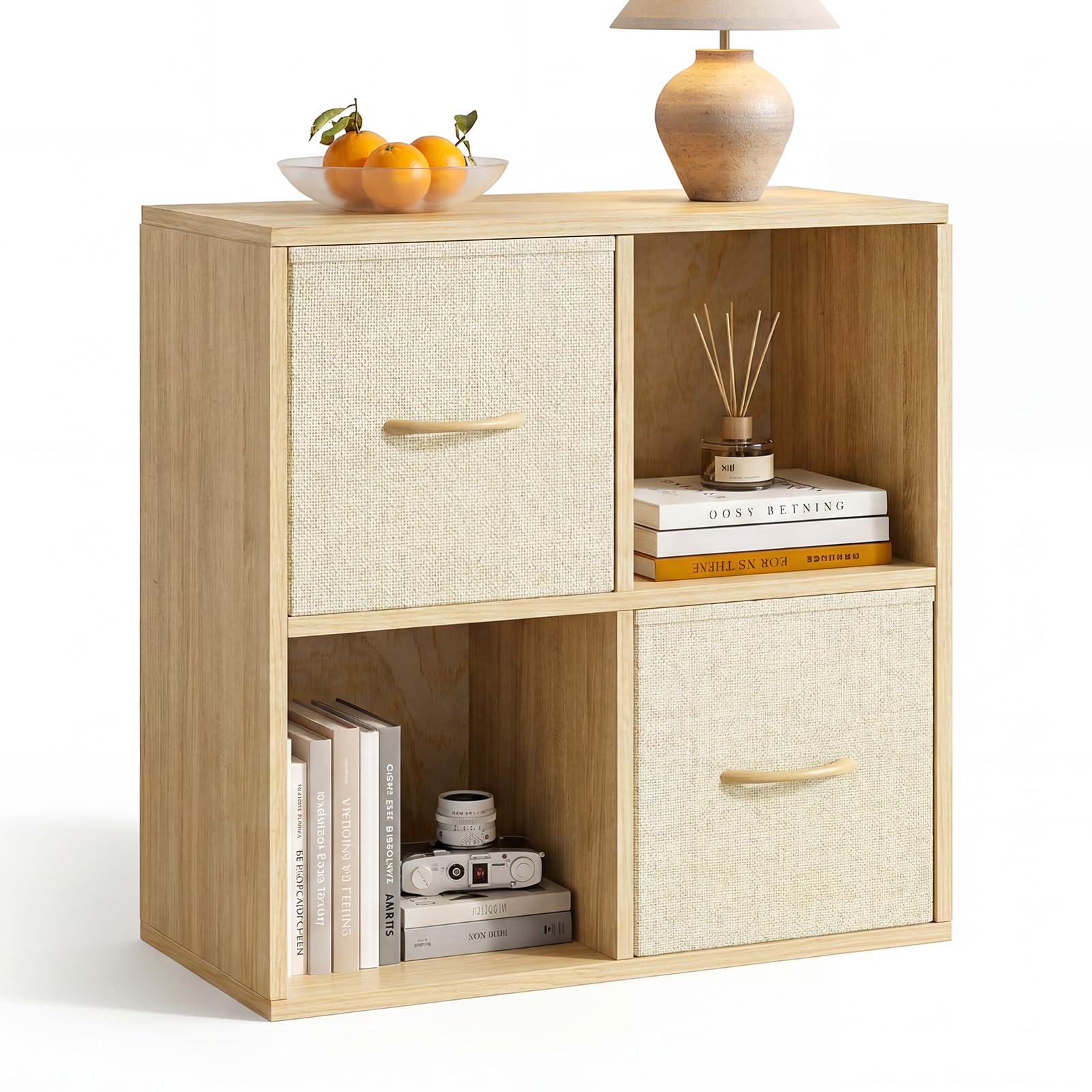 4 Cube Storage Organizer - Solid Wood Bookshelf with 2 Storage Bins, Cube Shelf with 2 Removable Back Panels, Vertical or Horizontal Bookcase, Open Book Shelf for Bedroom, Living Room, Office