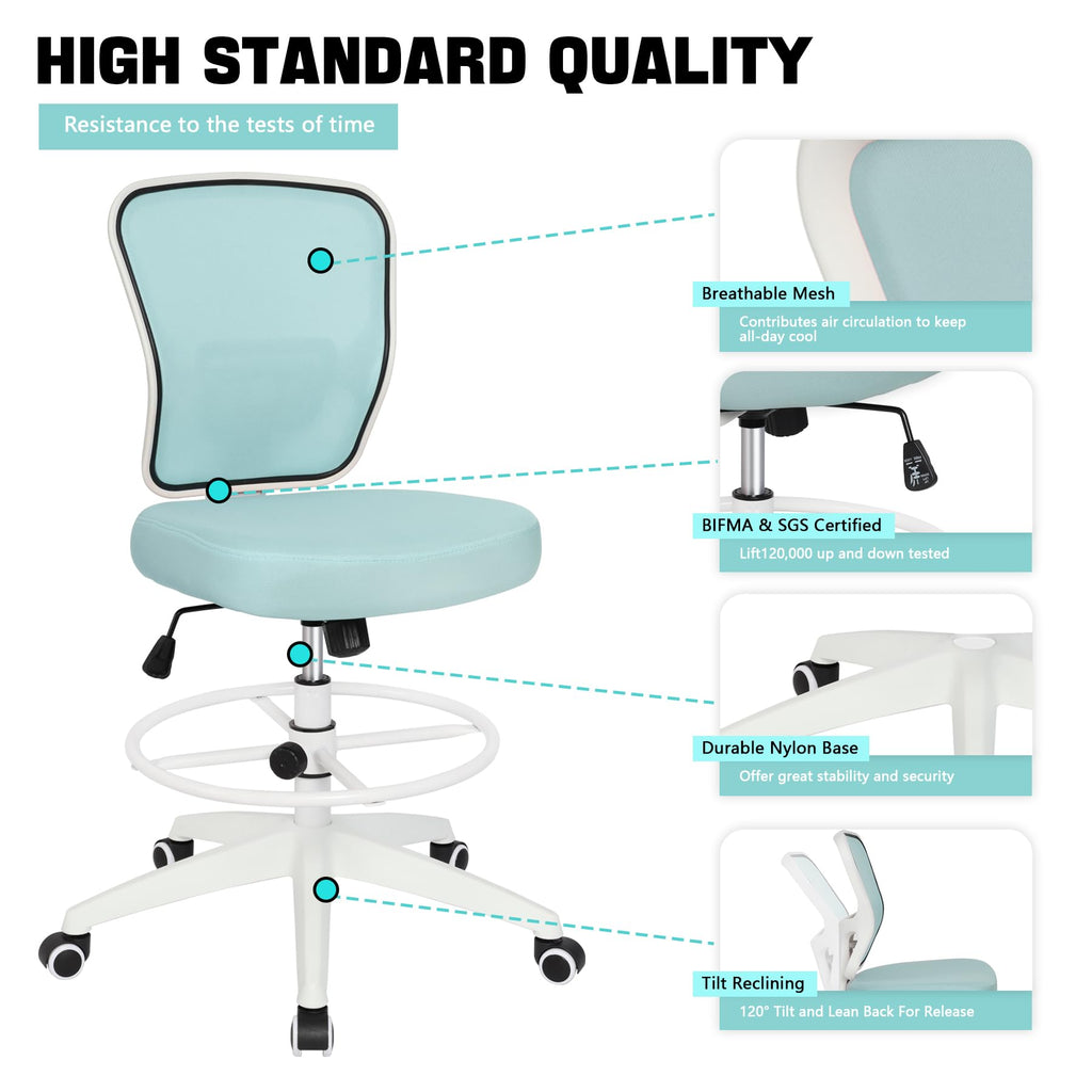 Drafting Chair Adjustable Height Tall Office Chairs Standing Desk Chair Rolling Stool Chair Armless Office Drafting Chair Blue