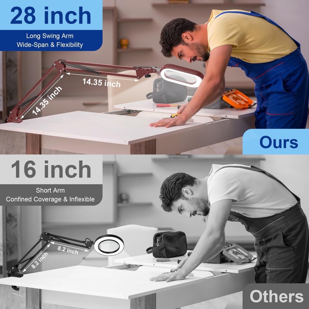 14.35" Large Magnifying Glass with Light and Clamp, Real Glass, 5 Color Modes, Stepless Dimmable, Lighted Magnifier with Stand Hands Free, LED Swing Arm Desk Lamp for Close Work, Craft, Red