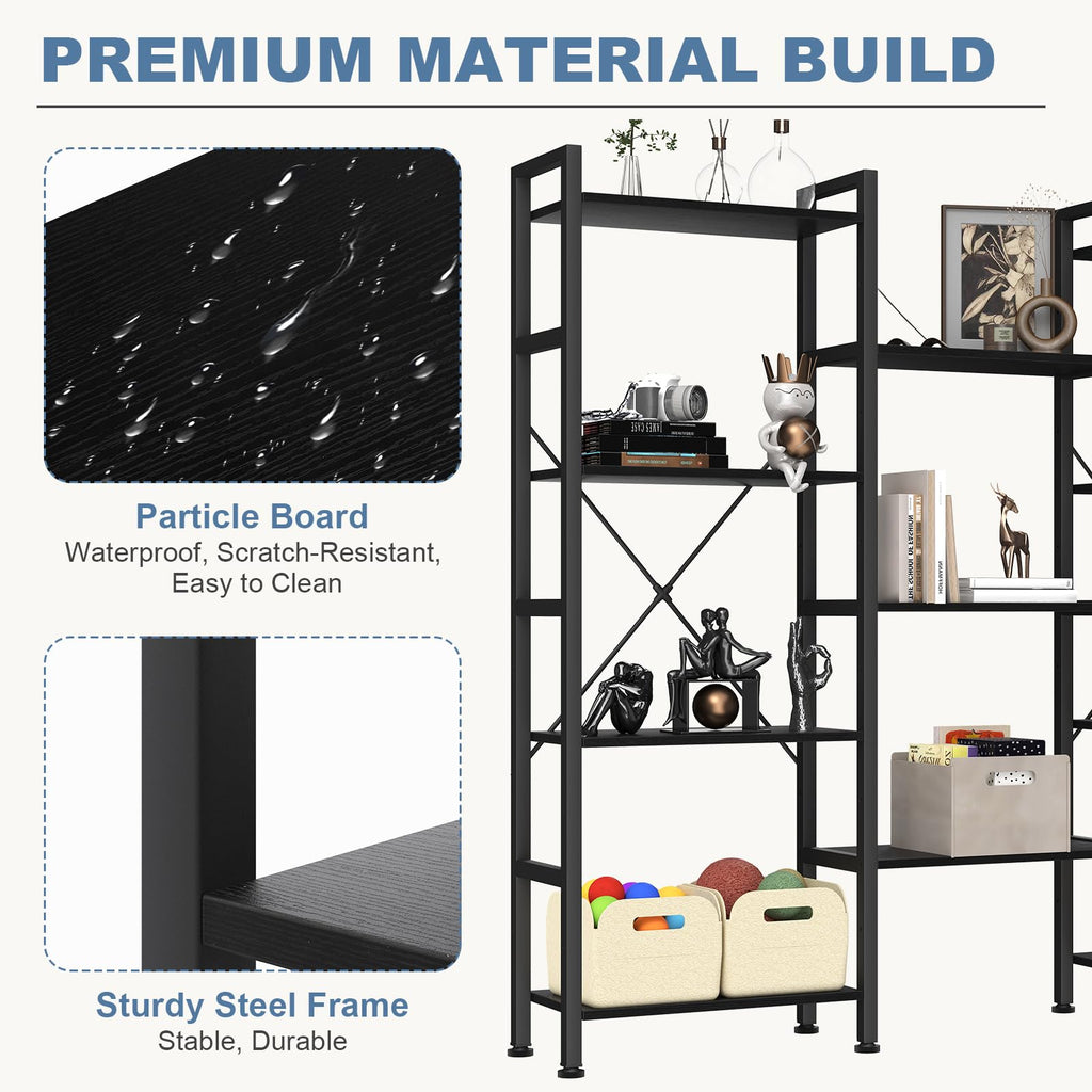Triple Column 4 Tier Bookshelf, Wide Industrial Bookcase, Black