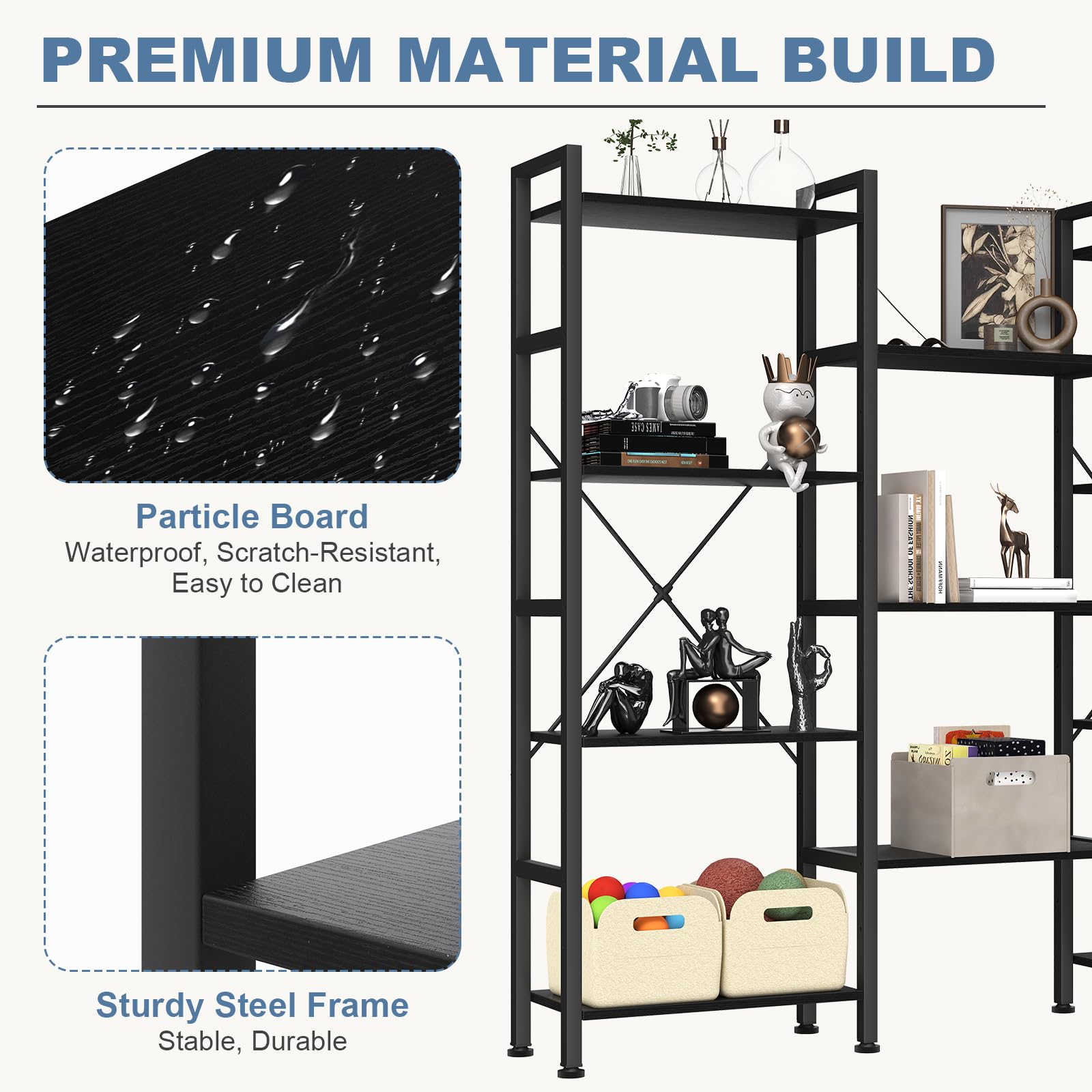 Triple Column 4 Tier Bookshelf, Wide Industrial Bookcase, Black