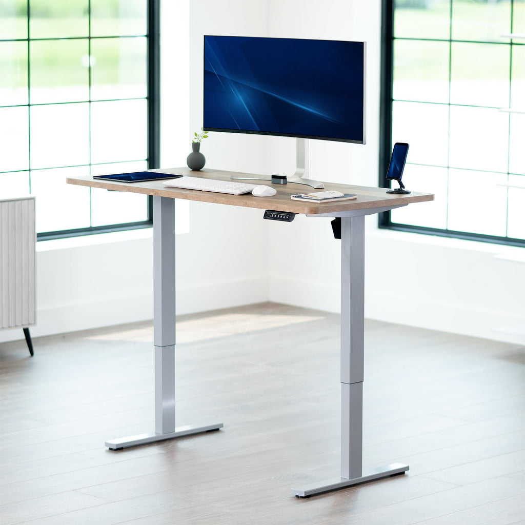 Electric 55 x 28 in Standing Desk, Memory Height Adjustment, 1B Series, Holds 220 lbs, One-Piece Reclaimed Wood Top, Gray Frame