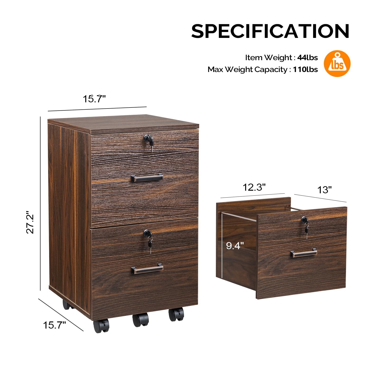 2 Drawer File Cabinet with Lock, Wood Dark Brown File Cabinets for Letter Size File Folders with Tabs, Under Desk Rolling Filing Cabinet for Home Office, Mobile File Organizer Printer Stand