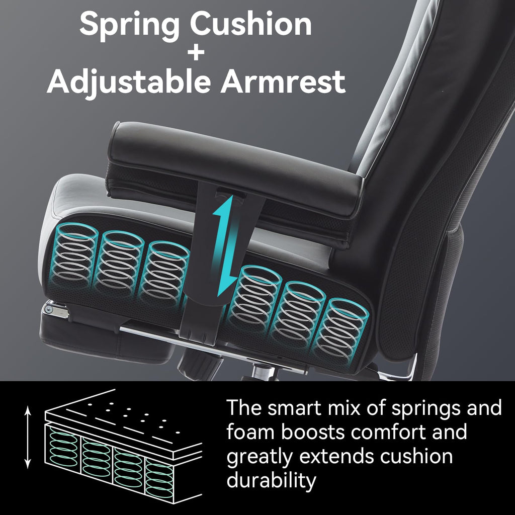 Big and Tall Office Chair with Footrest, 450lbs High Back Executive Chair with Spring Cushion, PU Leather Upholstery, Padded Armrests, Swivel Base, and Rolling Wheels – Black Computer Chair