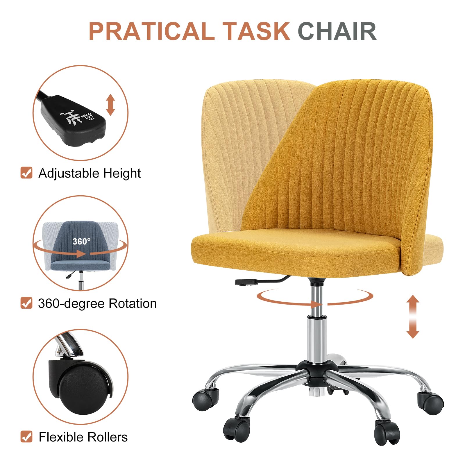 Office Chair, Comfy Desk Chair Rolling Vanity Swivel Task Chairs with Wheels, Wide Seating Armless Height Adjustable Computer Chairs for Home,Bedroom,Student,Adults, Dark Yellow