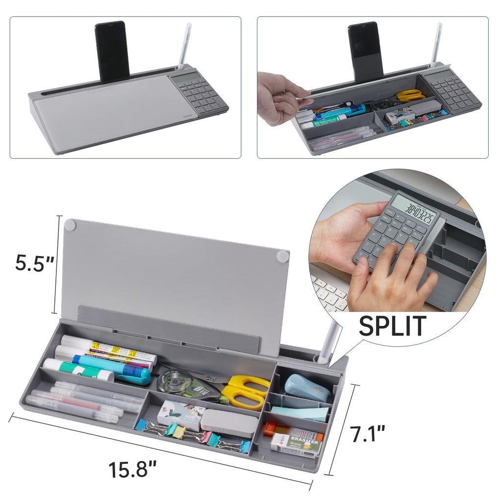 Small Glass Desktop Whiteboard Dry-Erase-Board - Computer Keyboard Stand with Calculator White Board Surface Pad with Drawer, Desk Organizers with Accessories for Office, Home, School Supplies - Grey