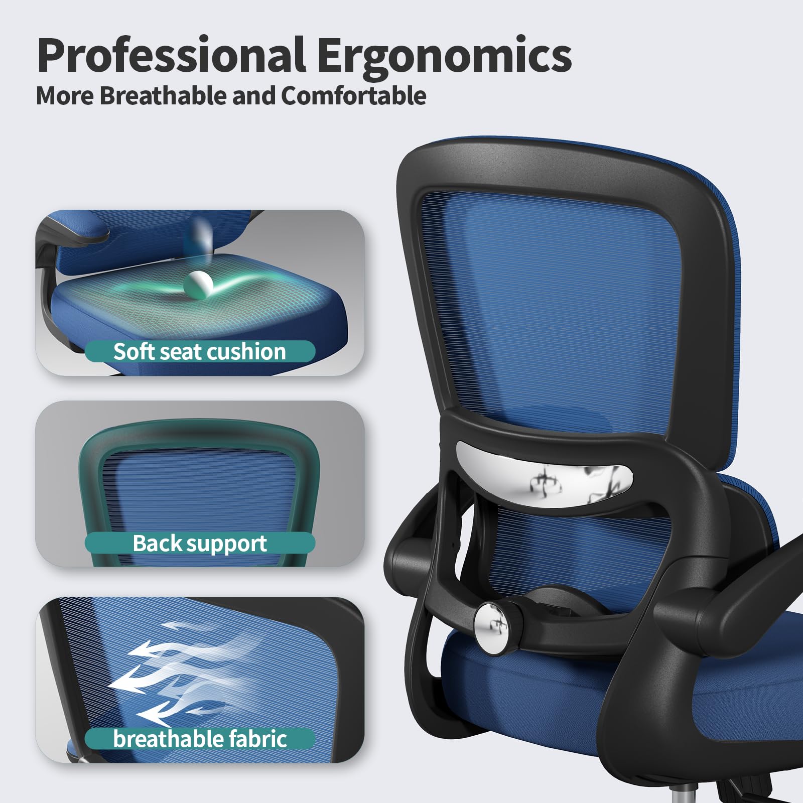Office Chair - Ergonomic Desk Chair with Adjustable Lumbar Support, Mesh Computer Chair, Executive Chairs for Home Office Comfortable Lumbar Support (Deep Blue)