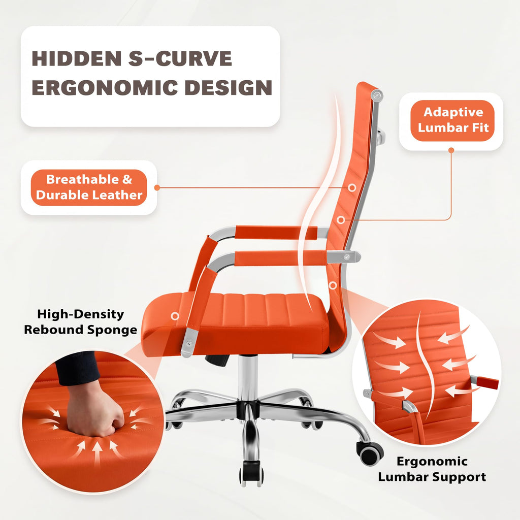 Ergonomic Office Desk Chair, Executive Ribbed Mid-Back PU Leather Conference Room Chair Adjustable Swivel Chair with Arms (1, Orange)